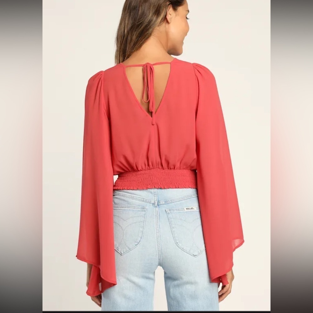 NWOT Lulus Loving Aura Coral Red Smocked Long Flutter Sleeve Top - Picture 2 of 8